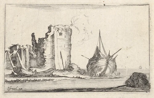 Plate 2: A ship at right and a rowboat at left, washed up on shore, a tower in ruins behind to left, from "Caprice faict par de la Bella" by Stefano della Bella, print, 1640-1645