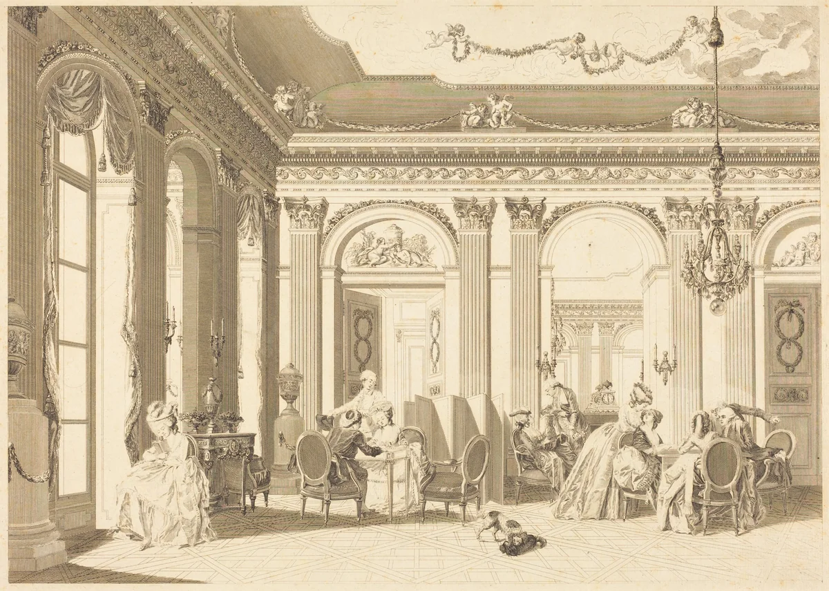 L'assemblee au salon by Francois-Nicolas-Barthelemy Dequevauviller
Nicolas Lavreince, print, 1783