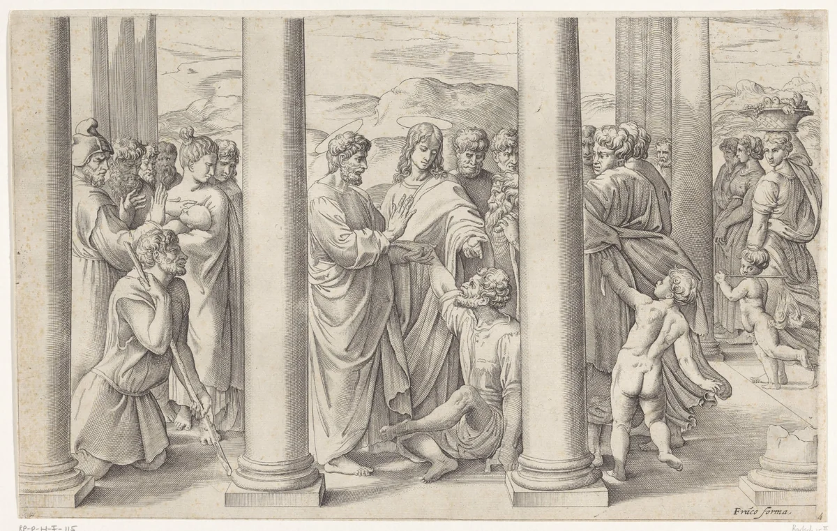 Petrus en Johannes genezen een verlamde man bij de tempelpoort by Unknown, print, 1520-1561