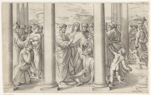 Petrus en Johannes genezen een verlamde man bij de tempelpoort by Unknown, print, 1520-1561