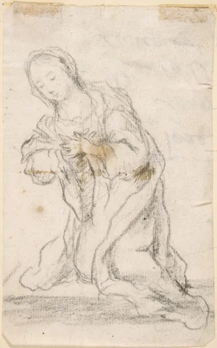 Kneeling Virgin (Virgin Annunciate) (recto); Writing (verso) by anonymous, drawing, 1600-1700