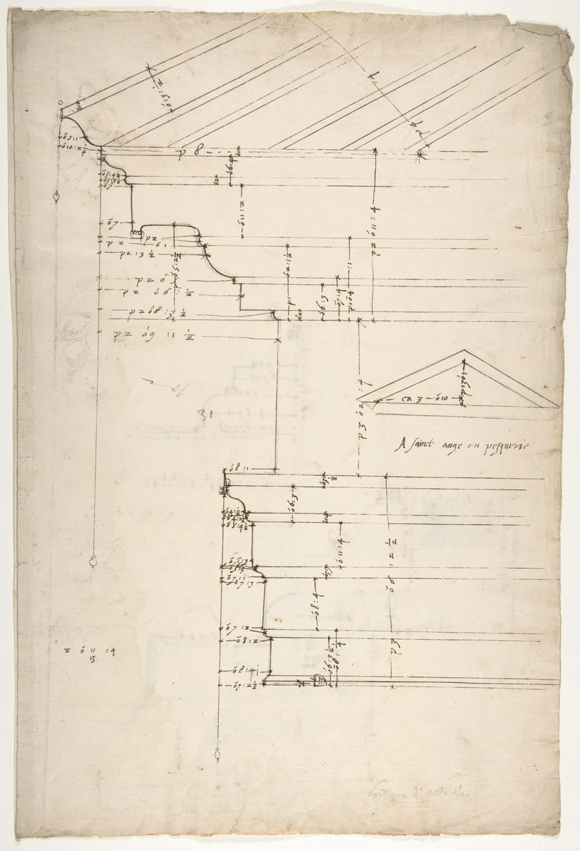 Portico Octavia, pediment and entablature, elevation; pediment, elevation (recto) Temple of Antoninus and Faustina, entablature, elevation (verso) by anonymous, drawing, 1500-1560