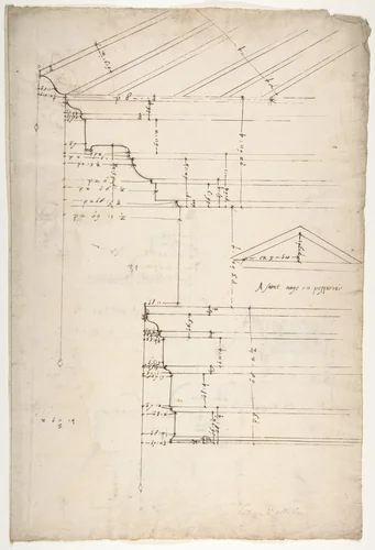 Portico Octavia, pediment and entablature, elevation; pediment, elevation (recto) Temple of Antoninus and Faustina, entablature, elevation (verso) by anonymous, drawing, 1500-1560