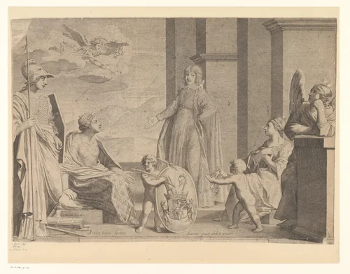 Hendrik II van Savoye met Minerva, Frankrijk en anderen by Gabriel Ladame, print, 1651-1660