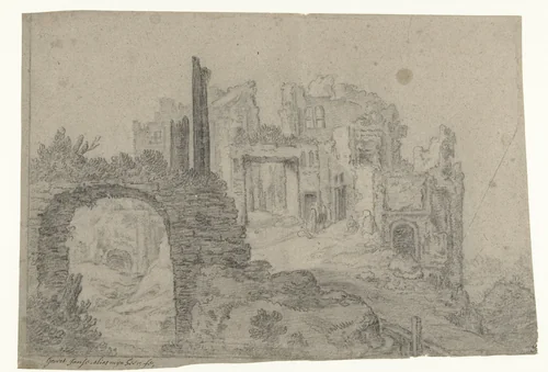 Bouwval op een heuvel by Govert Jansz., drawing, 1588-1619