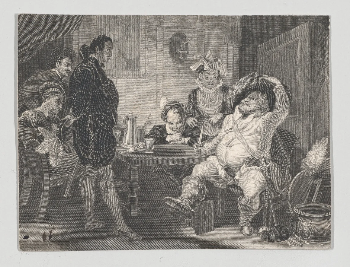 Boar's Head Tavern: Prince Hal, Falstaff and Poins (Shakespeare, First Part of Henry IV, Act 2, Scene 4) by Charles Heath, print, 1825-1840