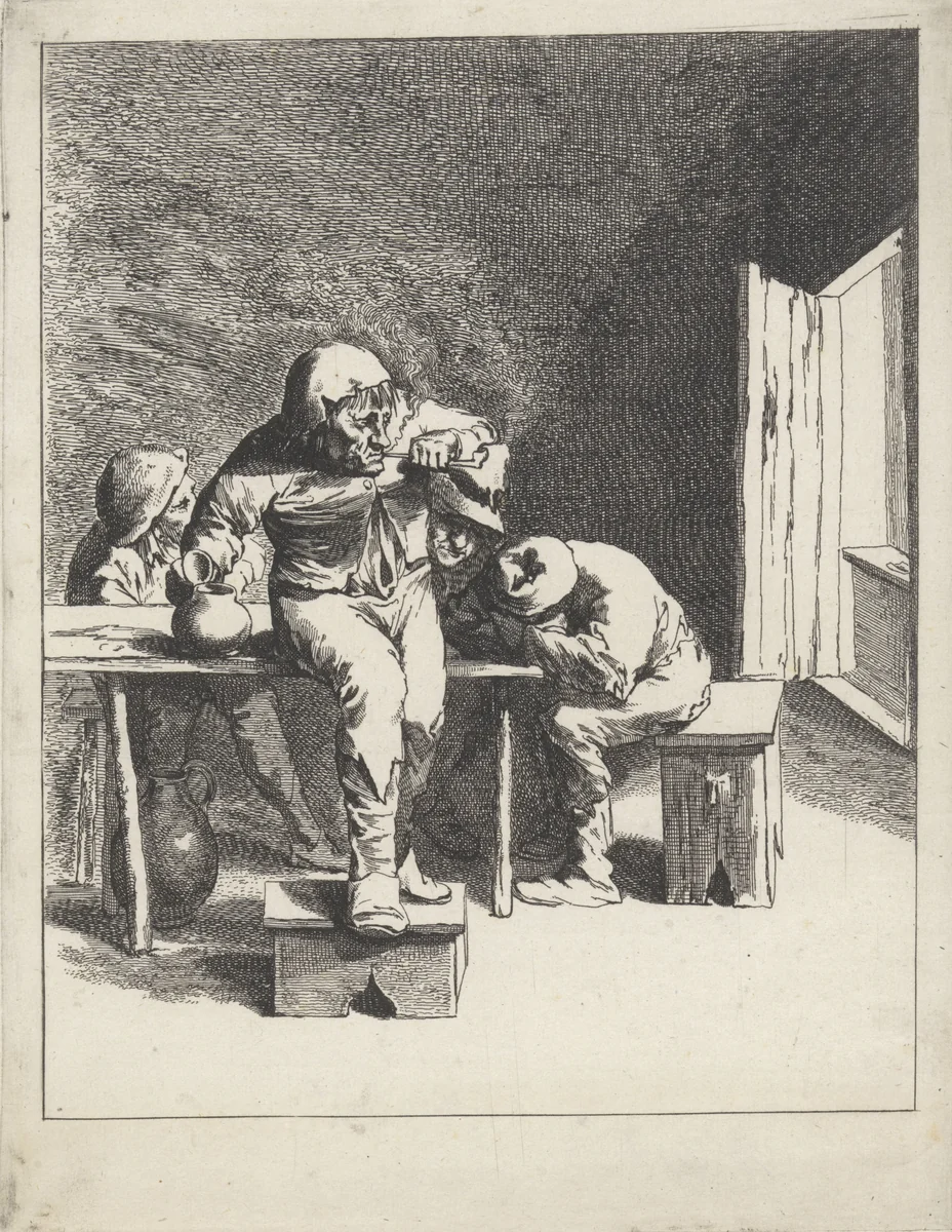 Vier mannen bij een tafel by Jan de Visscher, print, 1643-1670