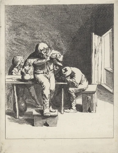Vier mannen bij een tafel by Jan de Visscher, print, 1643-1670