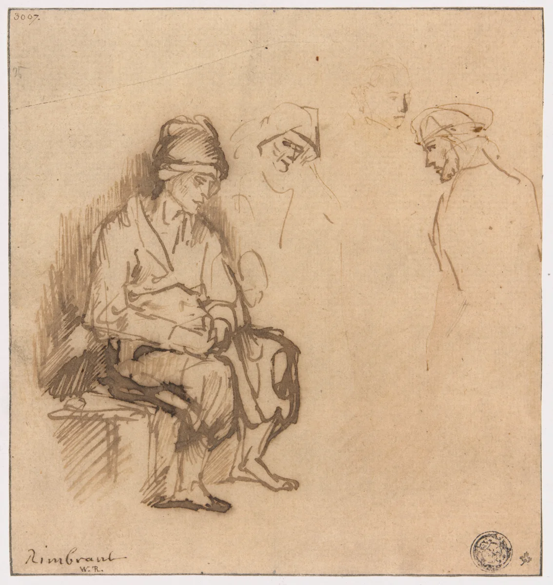 Woman Seated on Bench and Three Sketches of Heads by Rembrandt van Rijn, drawing, 1625-1700