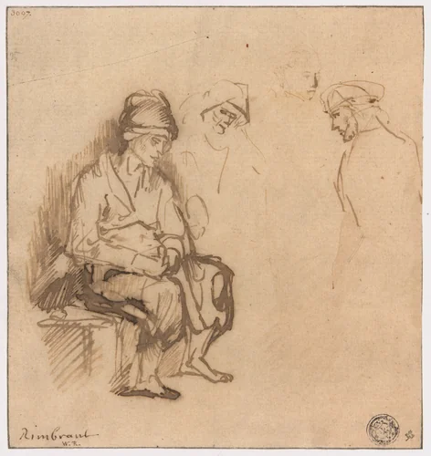 Woman Seated on Bench and Three Sketches of Heads by Rembrandt van Rijn, drawing, 1625-1700
