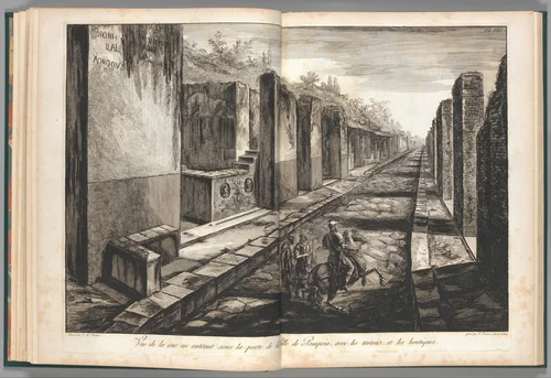 View from the street entering beneath the gateway to the city of Pompeii, with the foot paths and the shops, from "Antiquités de Pompeïa, tome premier, Antiquités de la Grande Grèce..." (Antiquities of Pompeii, volume one, Antiquities of Great Greece...), volume 1, plate 8 by Francesco Piranesi, print, 1804