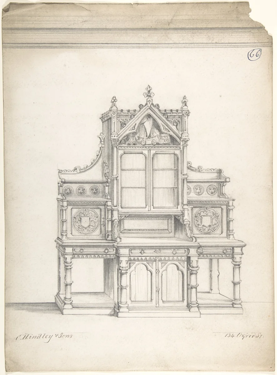 Design for Gothic Sideboard by Charles Hindley and Sons, drawing, 1841-1884