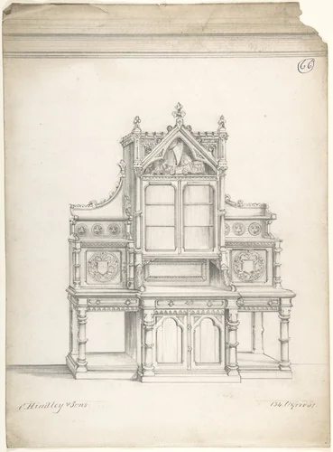 Design for Gothic Sideboard by Charles Hindley and Sons, drawing, 1841-1884