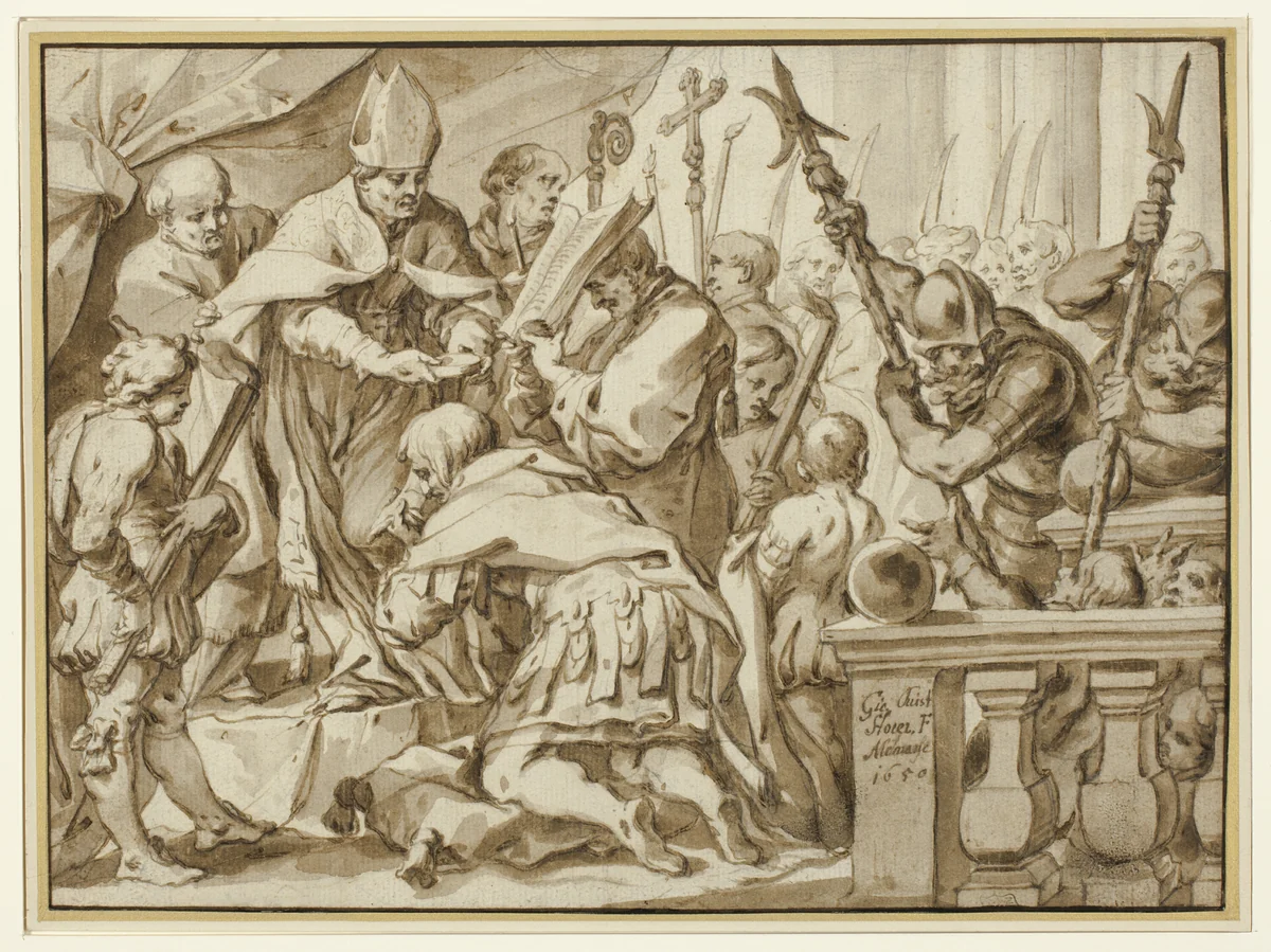 Coronation of Otto the Great in the Church of Saint'Ambrogio, Milan by Johann Christoph Storer, drawing, 1650