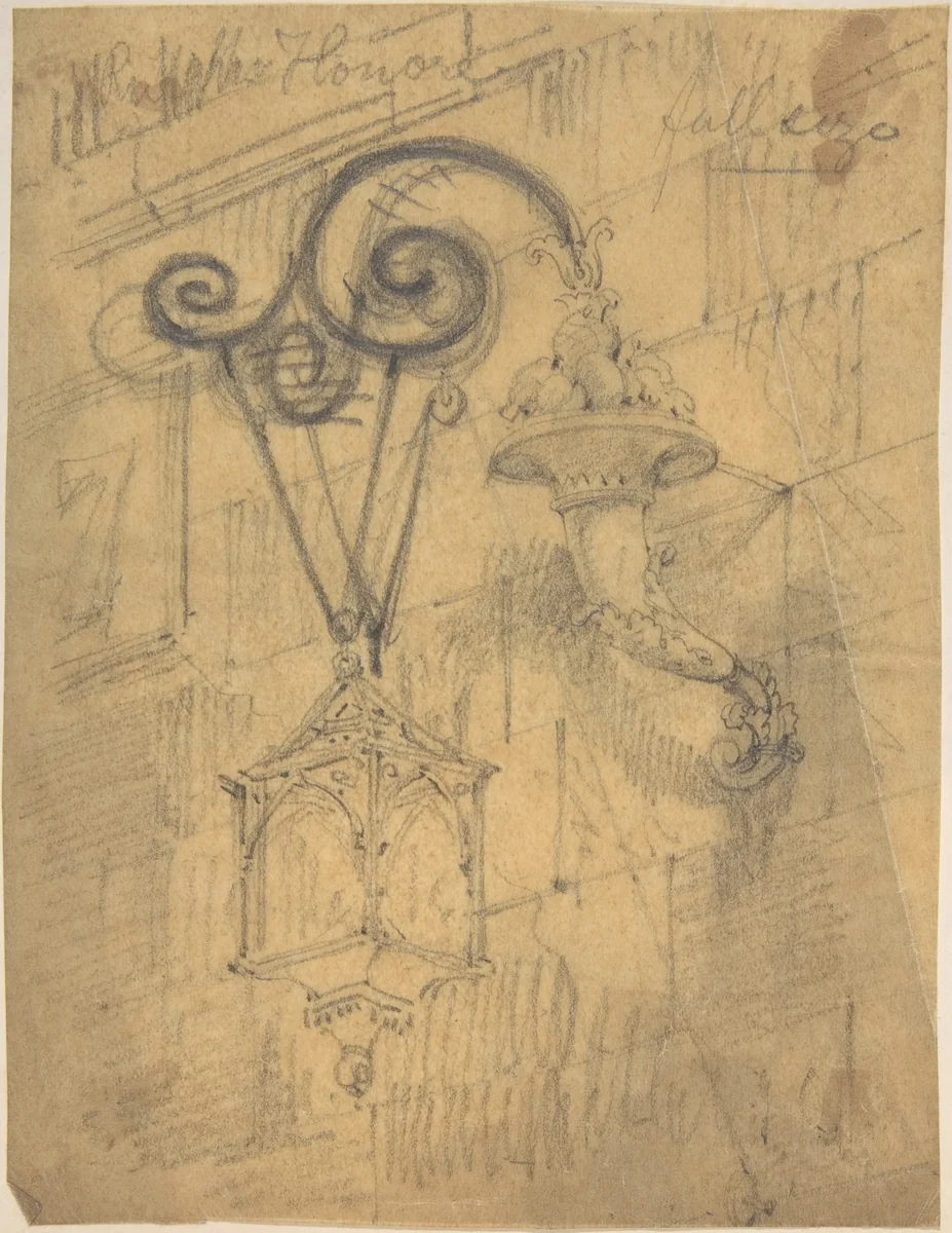 Metal Bracket Supporting a Street lamp, St. Honoré by anonymous, drawing, 1850-1900