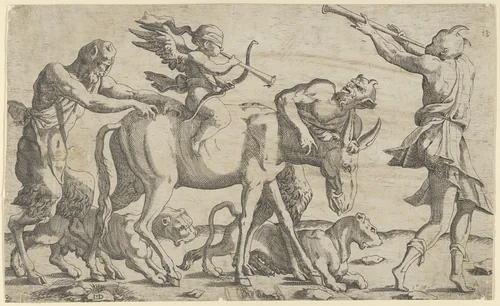 Cupid being led blindfolded on a donkey by Léon Davent, print, 1540-1556