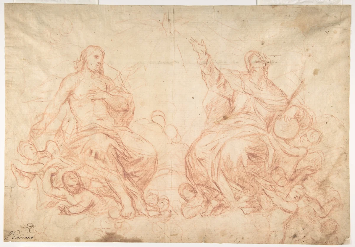 The Holy Trinity (recto); Studies of Seated Female Figures (the Virgin and another Saint?) (verso) by Luca Giordano, drawing, 1634-1705