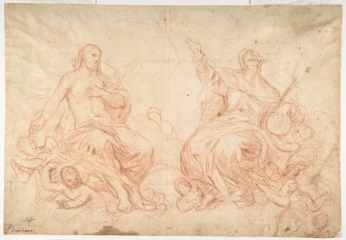 The Holy Trinity (recto); Studies of Seated Female Figures (the Virgin and another Saint?) (verso) by Luca Giordano, drawing, 1634-1705