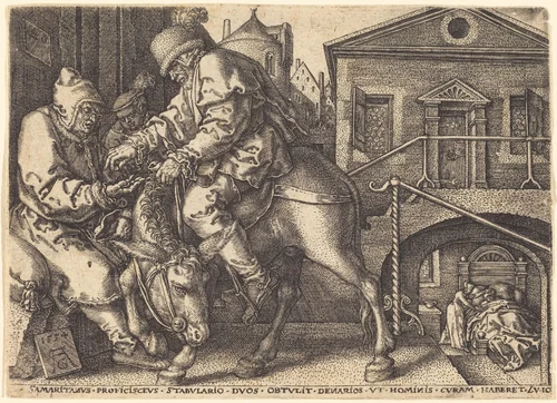 The Good Samaritan Paying for the Lodgings of the Traveler by Heinrich Aldegrever, print, 1554