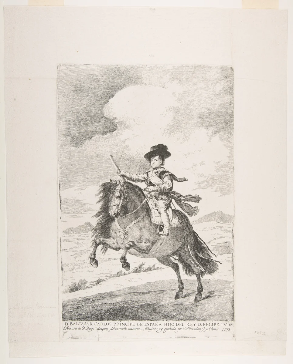 Don Baltasar Carlos on horseback, after Velázquez by Goya, print, 1778