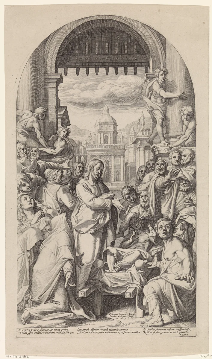 Christus wekt de zoon van de weduwe te Naïn op by Unknown, print, 1593-1594