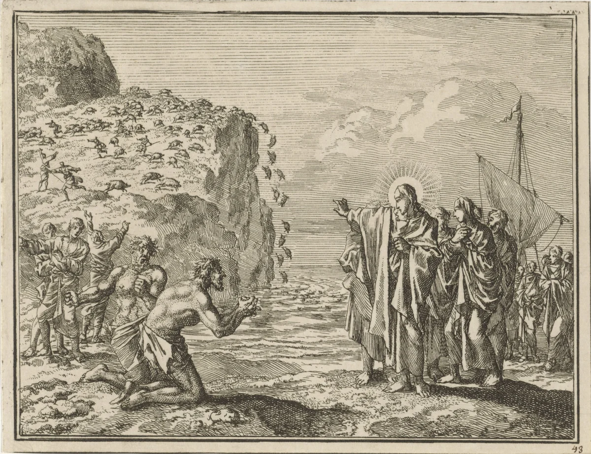 Christus in het land van de Gadarenen by Jan Luyken, print, 1712