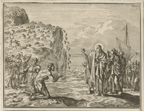 Christus in het land van de Gadarenen by Jan Luyken, print, 1712