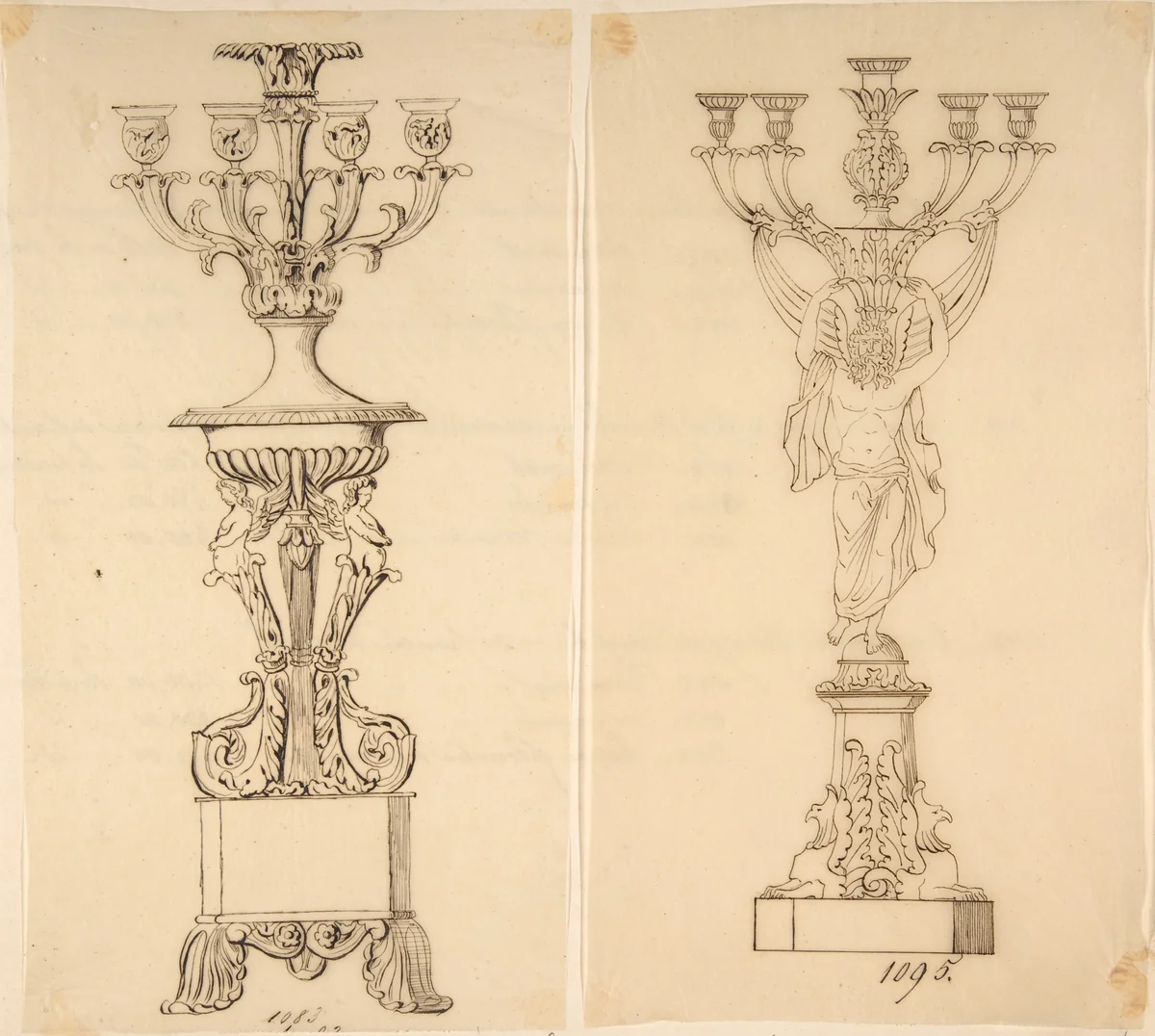 Designs for Two Candelabras by anonymous, drawing, 1800-1899