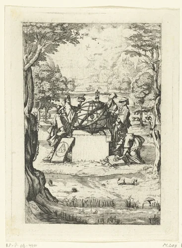 Titelpagina met wijzen om een hemelglobe by anonymous, print, 1630-1670