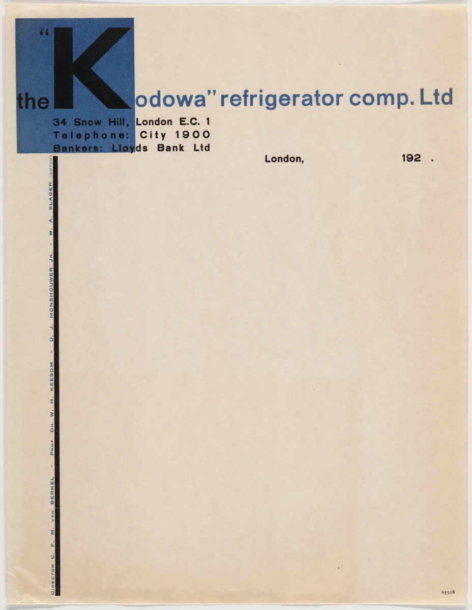 The "Kodowa" Refrigerator Company letterhead by Unknown Artist, design, 1928