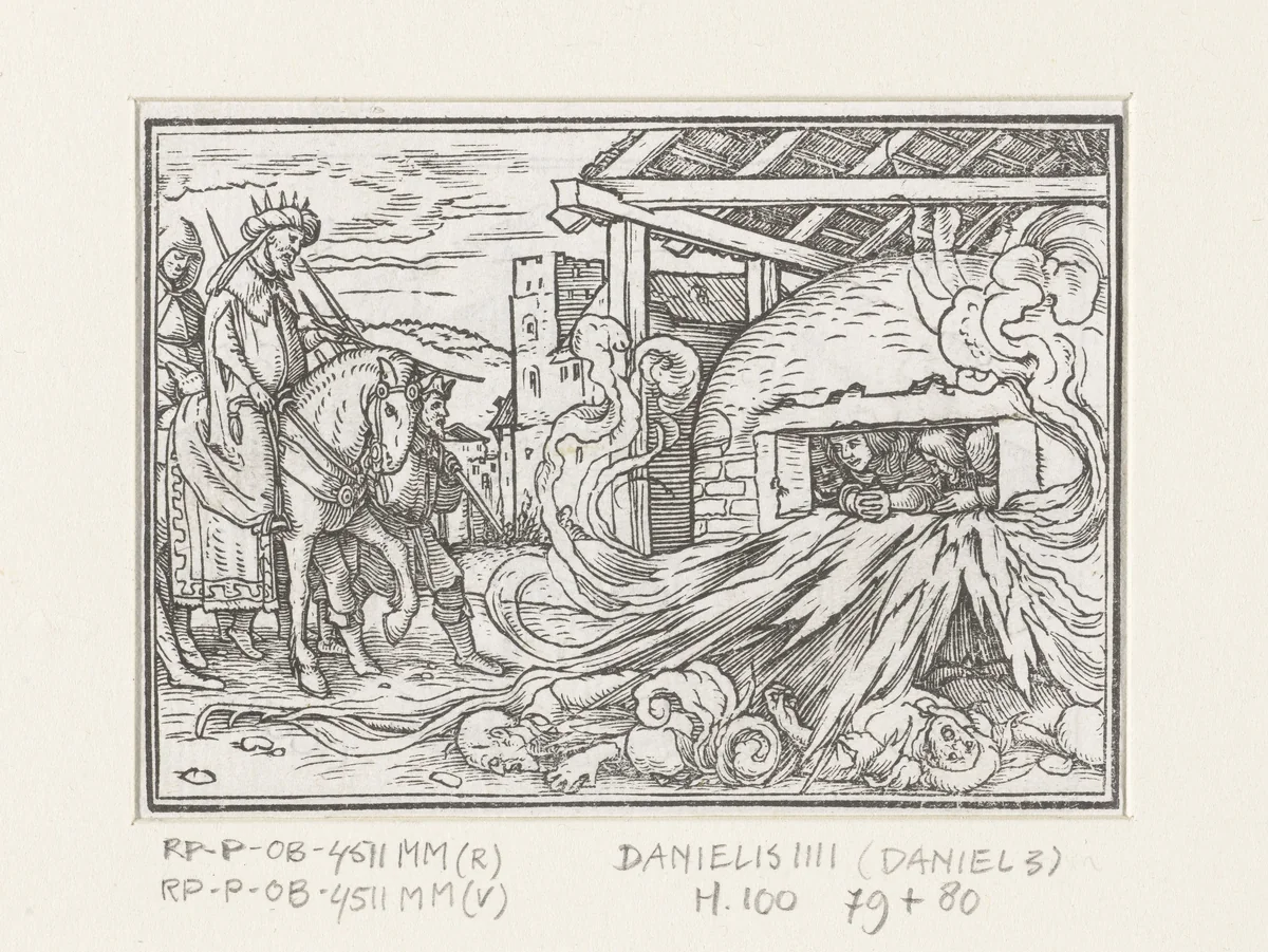 Nebukadnessar kijkt naar drie mannen in de oven by Hans Holbein, print, 1538