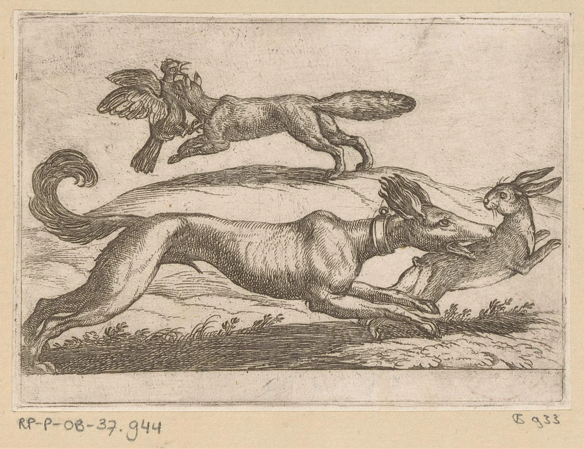 Een vos valt een kip aan en een hond een haas by Antonio Tempesta, print, 1600