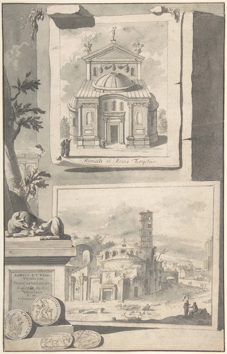 A Reconstruction of the Temple of Romulus and Remus (above) and a View of the Ruins (below) by Jan Goeree, drawing, 1690-1704