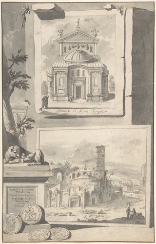 A Reconstruction of the Temple of Romulus and Remus (above) and a View of the Ruins (below) by Jan Goeree, drawing, 1690-1704