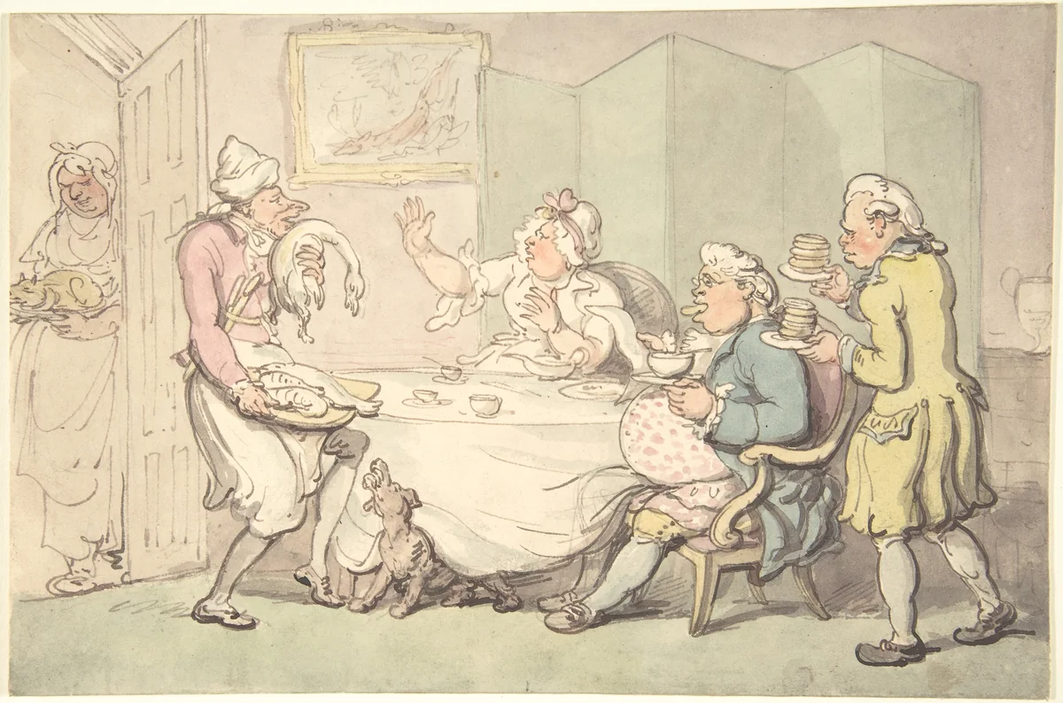 A Couple at Table with Servants by Thomas Rowlandson, drawing, 1770-1850