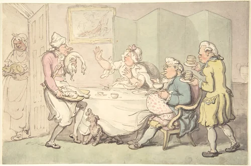 A Couple at Table with Servants by Thomas Rowlandson, drawing, 1770-1850