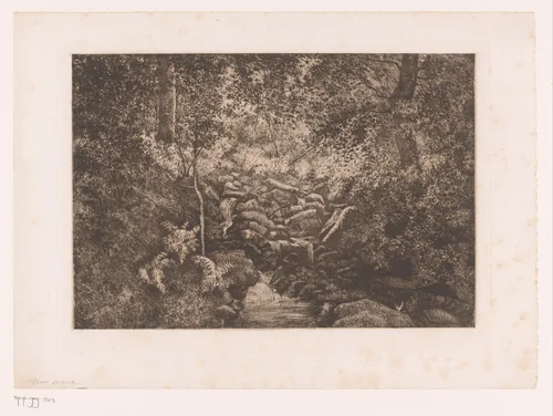 Bron van een beek in het bos by Jules Guiette, print, 1862-1901