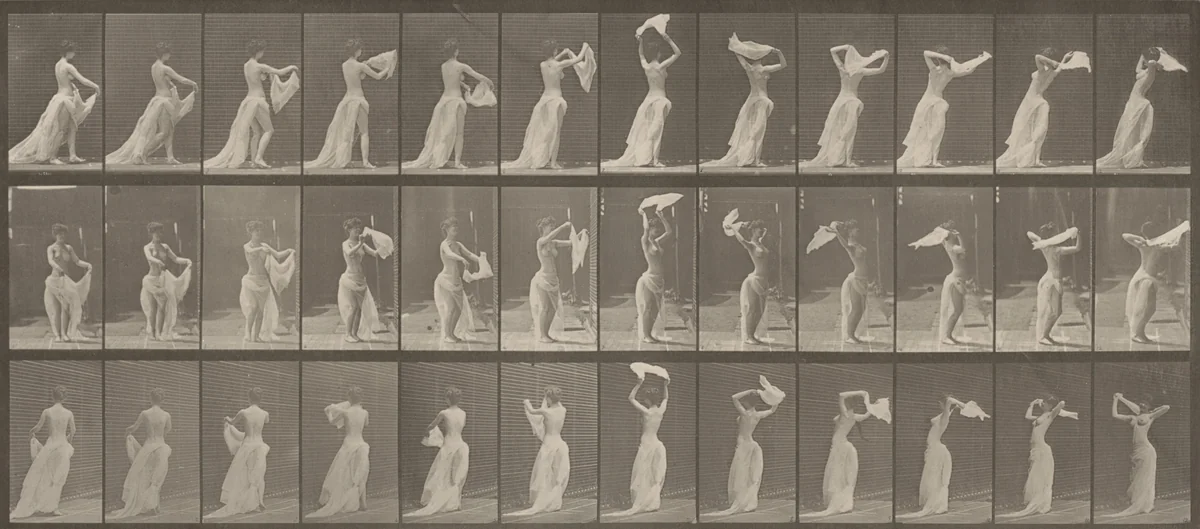 Plate Number 421. Toilet, throwing handkerchief around shoulders by Eadweard Muybridge, photograph, 1887