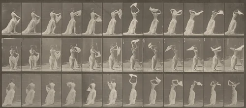 Plate Number 421. Toilet, throwing handkerchief around shoulders by Eadweard Muybridge, photograph, 1887