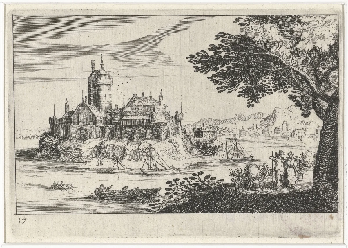 Heuvellandschap met een kasteel op een eiland by Simon Frisius, print, 1611