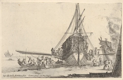 A galley embarking at center, seen from behind, the stern of another galley to right under a fire, eight men in a rowboat to left, from "Varie Figure" by Stefano della Bella, print, 1640-1650