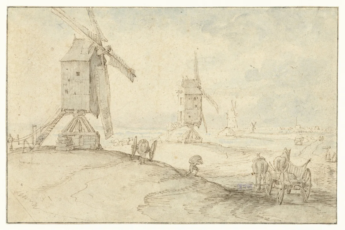 Vier molens langs een weg by anonymous, drawing, 1600-1700