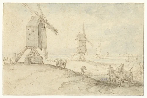 Vier molens langs een weg by anonymous, drawing, 1600-1700