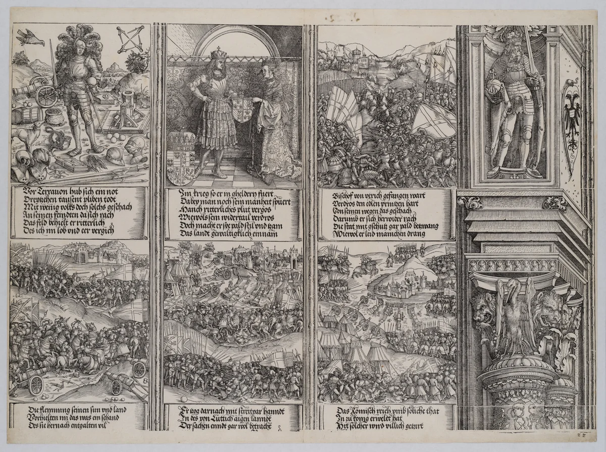 The Betrothal of Mary of Burgundy; Young Maximilian; The Struggle for the Burgundian Succession; The Battle Near Therouanne; The War in Guelderland; and The Utrecht Feud, from the Arch of Honor, proof, dated 1515, printed 1517-18 by Albrecht Dürer, print, 1515
