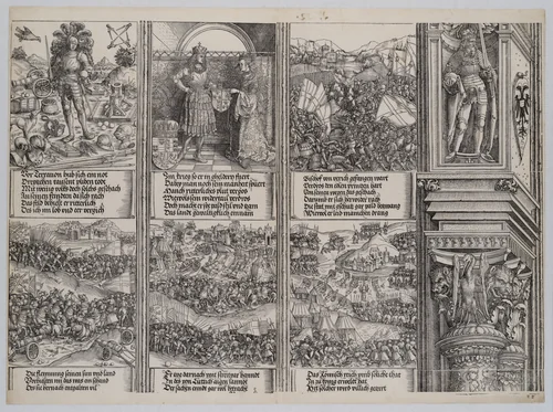 The Betrothal of Mary of Burgundy; Young Maximilian; The Struggle for the Burgundian Succession; The Battle Near Therouanne; The War in Guelderland; and The Utrecht Feud, from the Arch of Honor, proof, dated 1515, printed 1517-18 by Albrecht Dürer, print, 1515
