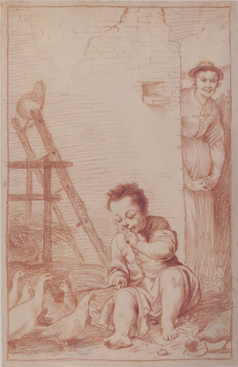 Marcolfa Discovers BertoldinoTrying to Hatch Eggs (recto); Sketch of Bertoldino (verso) by Giuseppe Maria Crespi, drawing, 1709-1710