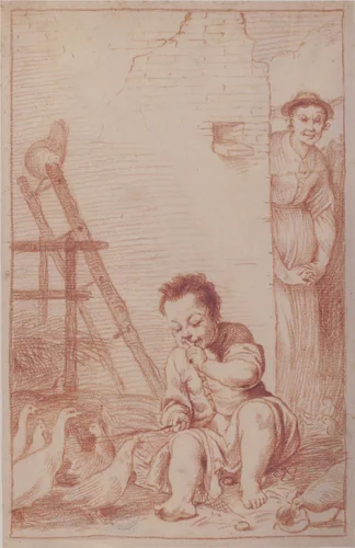 Marcolfa Discovers BertoldinoTrying to Hatch Eggs (recto); Sketch of Bertoldino (verso) by Giuseppe Maria Crespi, drawing, 1709-1710