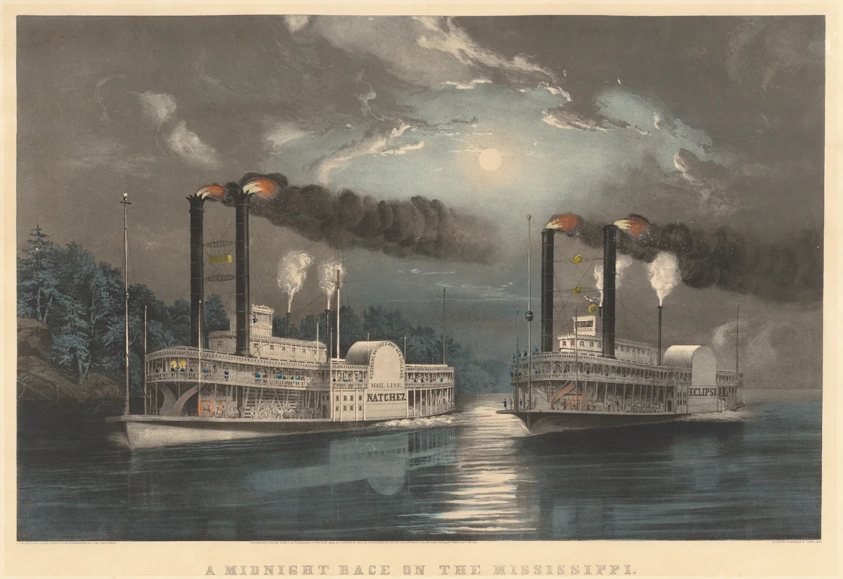 A Midnight Race on the Mississippi by Frances Flora Bond Palmer, print, 1860