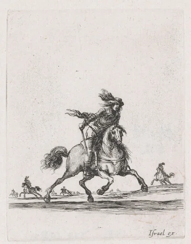 Ruiter met zwaard op rennend paard in een landschap met meer ruiters te paard by Stefano della Bella, print, 1620-1664
