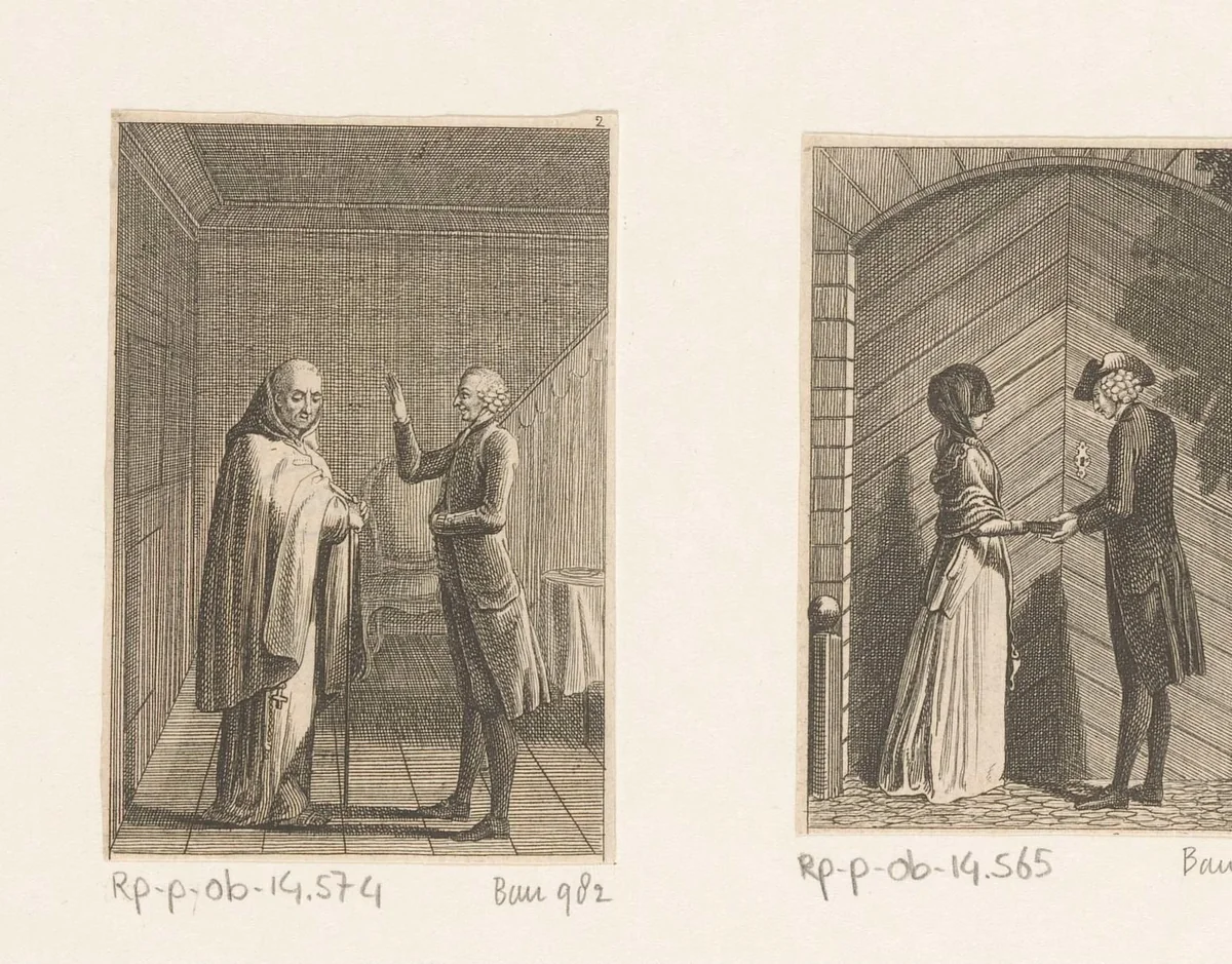Yorick in gesprek met de franciscaner monnik by Daniel Nikolaus Chodowiecki, print, 1783